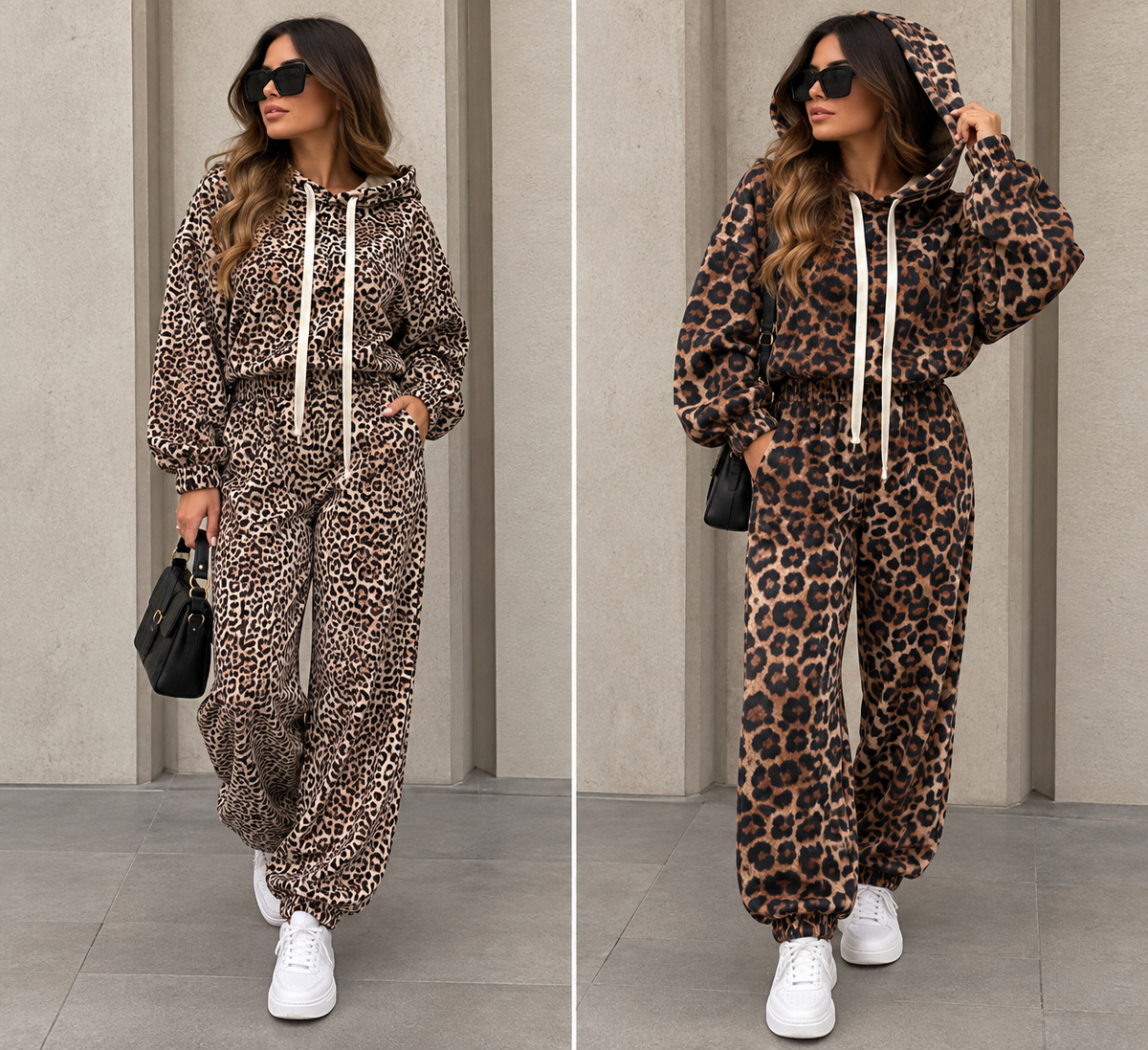 Tuta animalier crop con zip e cappuccio