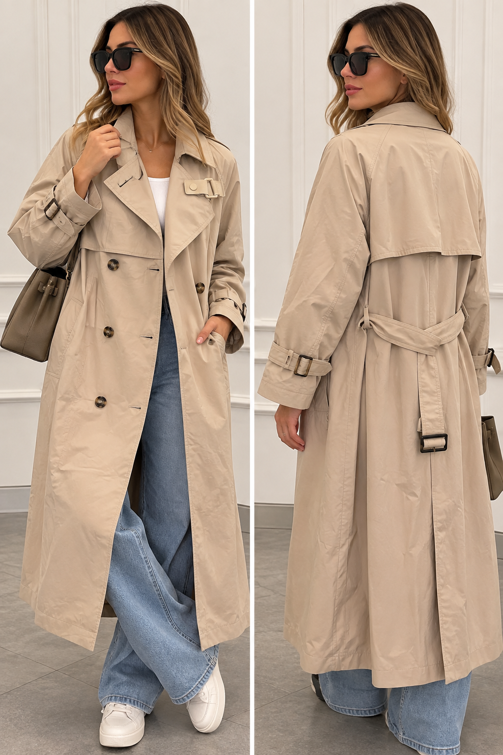Trench beige lungo doppio petto cod.G80-3