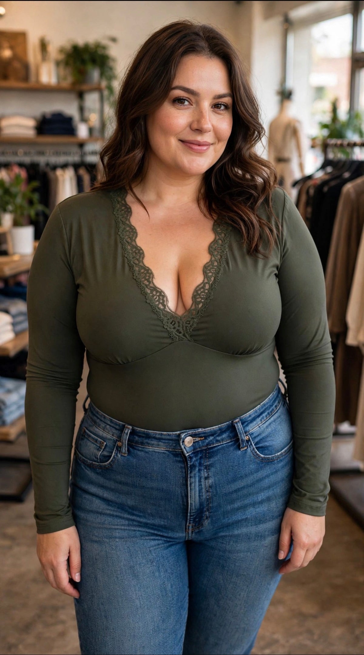 Body in licra curvy scollo a v ricamato
