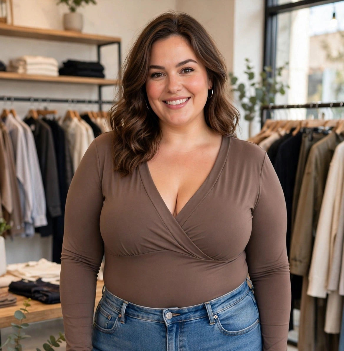Body in licra scollo a v curvy con manica a guanto