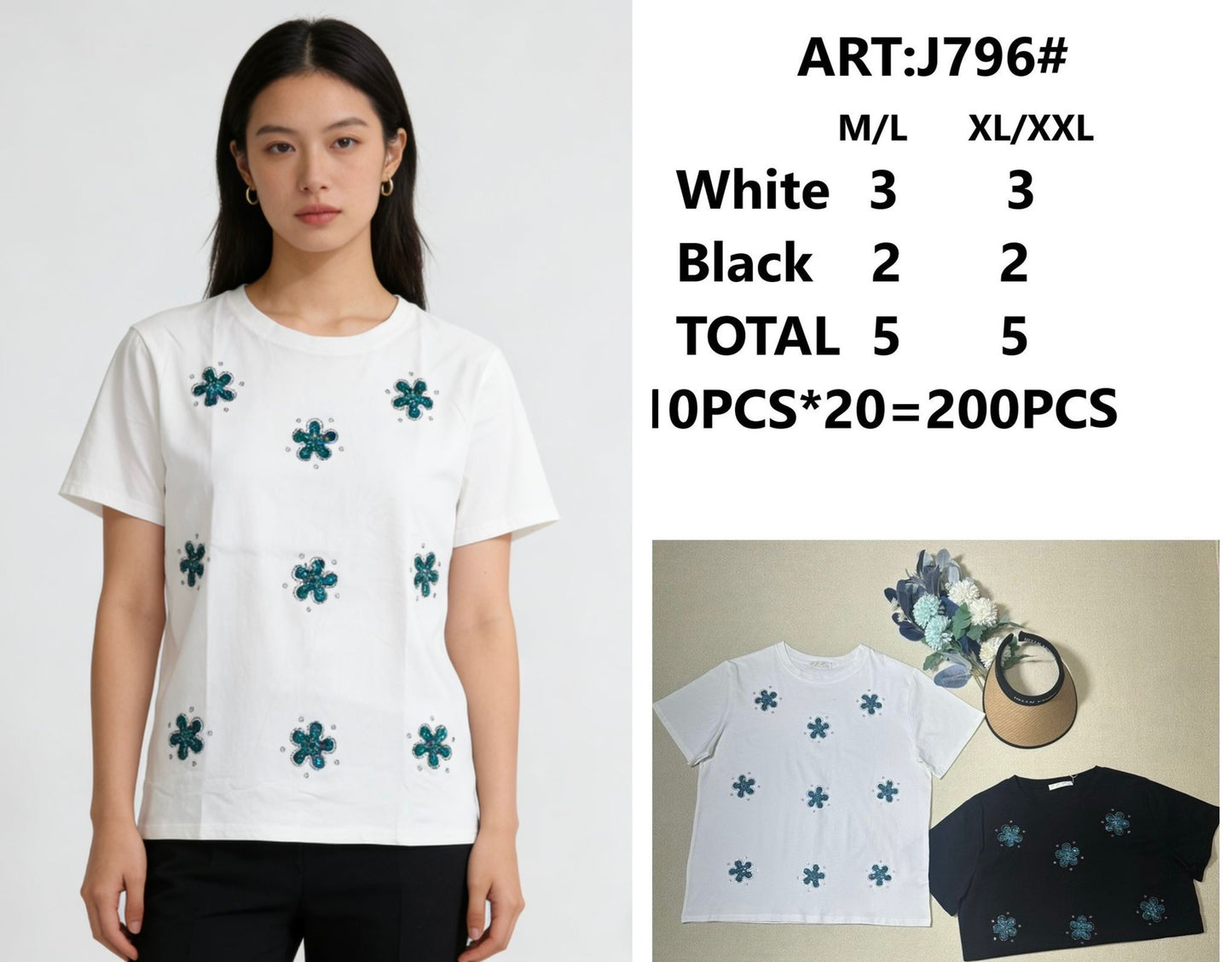 T shirt fiori con brillantini art.J796