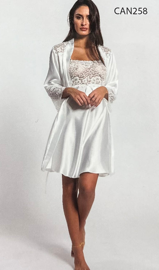 Lingerie Completo satin canotta e vestaglia mazurca art.can258 bianco