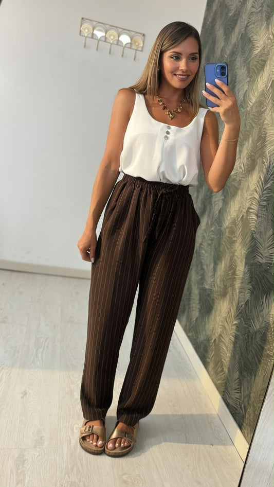 Pantalone gessato con elastico in vita