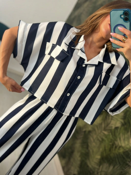 Coordset camicia mezza manica+pantalone righe bi-color