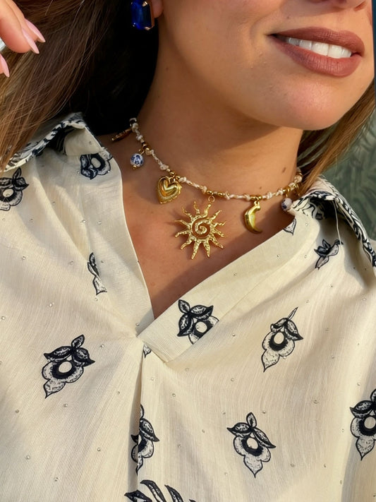 Collana in acciaio inossidabile e cotone con charms