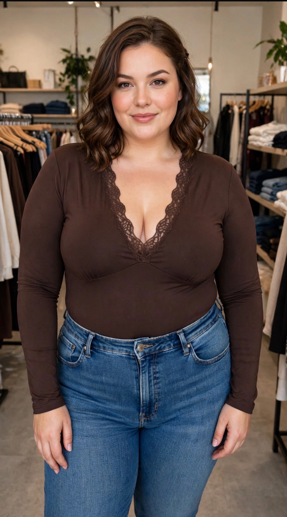 Body in licra curvy scollo a v ricamato