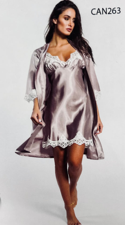 Lingerie Completo satin canotta e vestaglia  mambo art. CAN263 visone